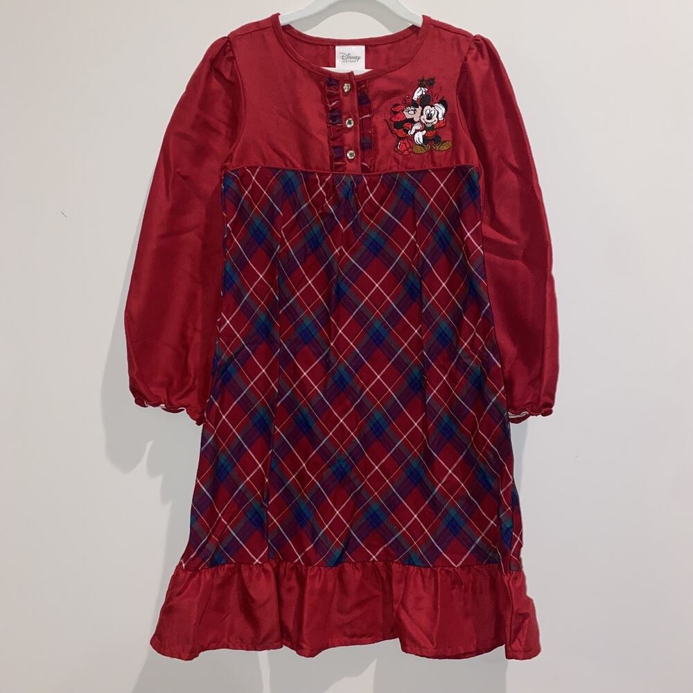 DISNEY Sz 5-6 Nightgown Minnie Mickey Mouse Christmas Plaid Tartan Embroidered